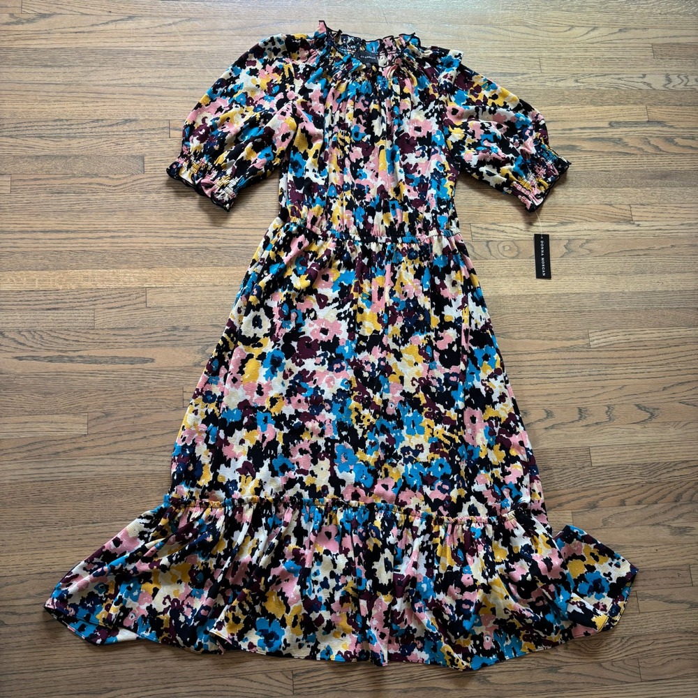 Donna Morgan Womens Floral Maxi Dress Size 16 Multi Color Smocked Sleeve NEW